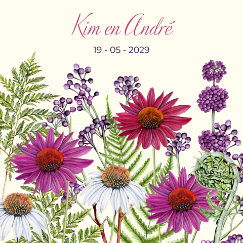 Trouwkaart met roze paarse bloemen en varens