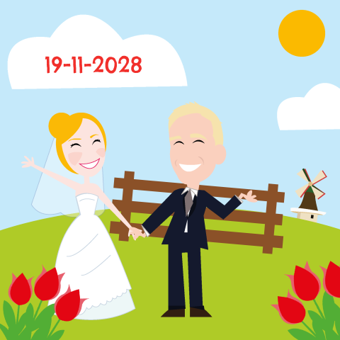 Trouwkaart Nederland met molen tulpen polder hekje