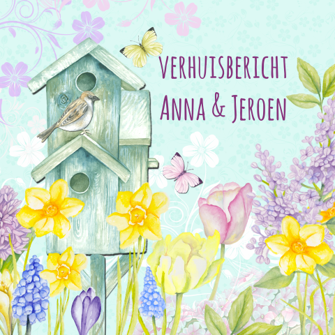 Verhuiskaart verhuisd met vogelhuis bloemen