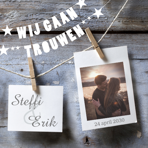 Trouwkaart uitnodiging met hippe polaroids