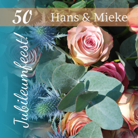 50 jarig huwelijk uitnodiging bloemen petrol en zalm 