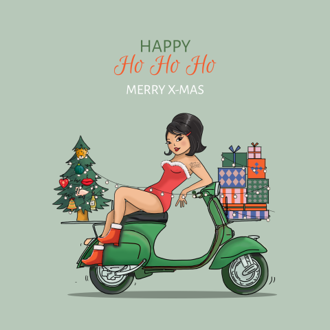 Grappige kerstkaart meisje op scooter