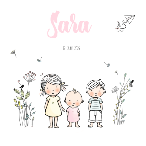 Geboortekaartje 3e kind met broer en zus met lief meisje