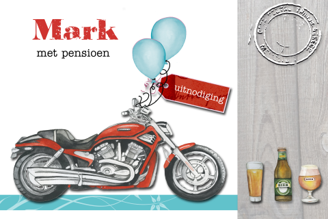 Uitnodiging pensioen 67 jaar met stoere motor en bier