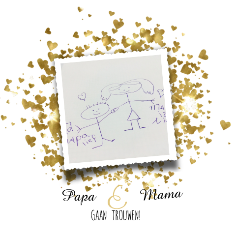 Hippe trouwkaart met gouden hartjes en foto