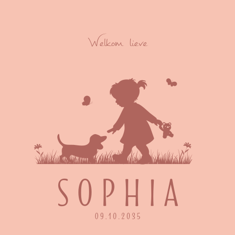 Geboortekaartje meisje met een silhouet van een teckel hond en kindje