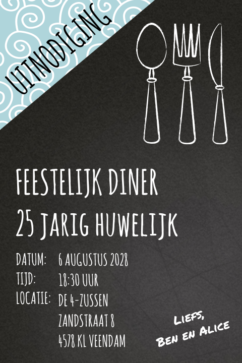 Krijtbord uitnodiging diner met mes vork en lepel