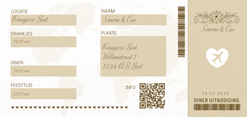 Trouwkaart in de vorm van een vliegticket