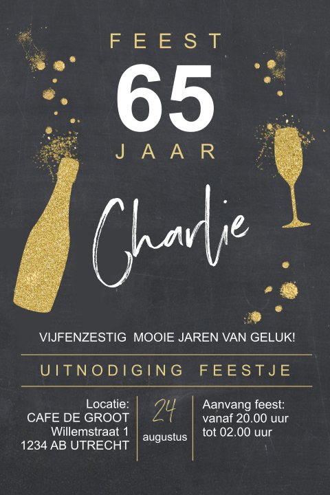 Hippe uitnodiging verjaardag met glitterlook fles en glas