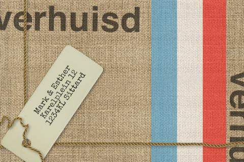 Leuke verhuiskaart met jute look en tekst