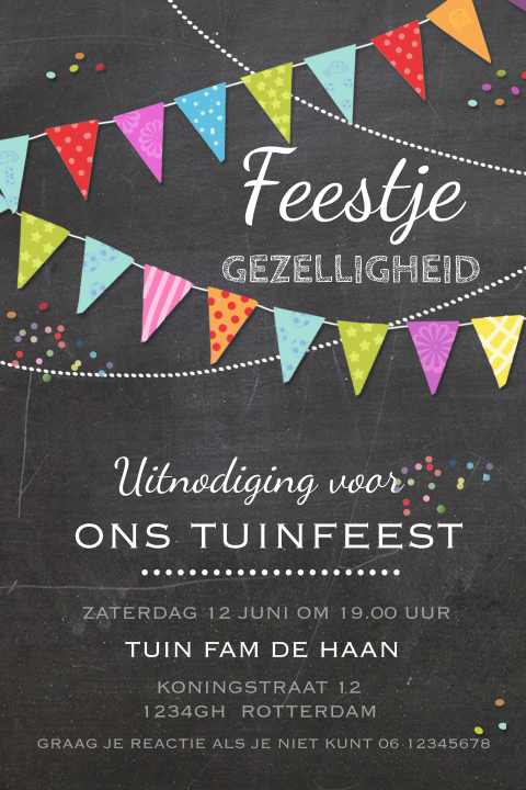 Tuinfeest barbecue uitnodiging met gekleurde confetti en vlaggetjes