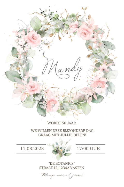 Uitnodiging voor een 50e verjaardag bohemian roze bloemen