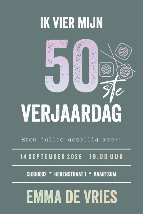 Hippe uitnodiging 50 jaar verjaardag met sushi
