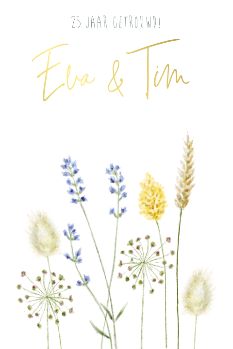 Jubileumkaart droogbloemen en goudfolie 25 jaar getrouwd