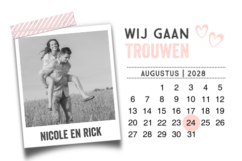 Trouwkaart met kalender en eigen foto roze en wit