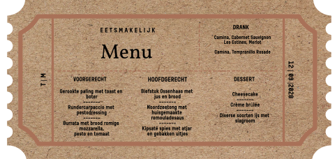 Menukaart gestanst als ticket met kraft look