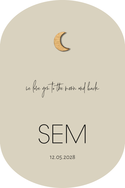 Ovaal gestanst geboortekaartje jongen met houten maantje