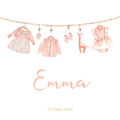 Geboortekaartje met waslijn met meisjes kleding