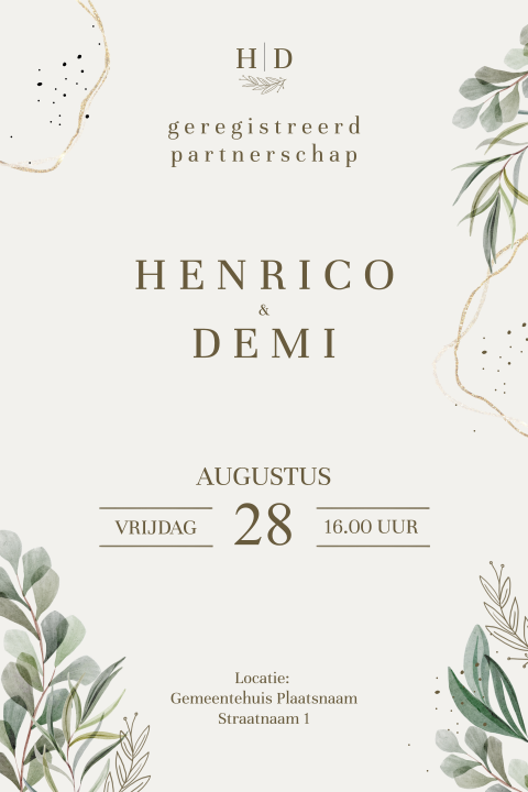 Uitnodiging geregistreerd partnerschap staand met takjes 