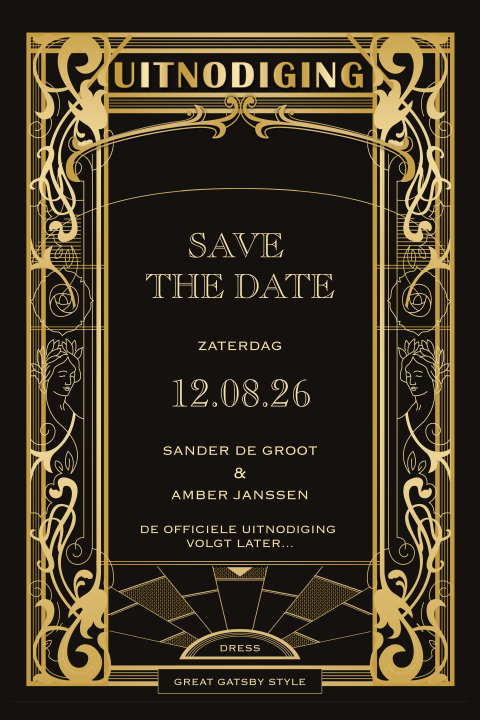 Great Gatsby save the date uitnodiging Art Deco stijl