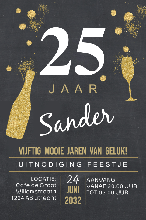 Uitnodiging 25 jaar feestje verjaardag zwart