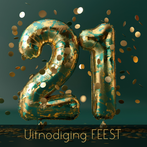 Uitnodiging 21 feest met gouden ballonnen en confetti