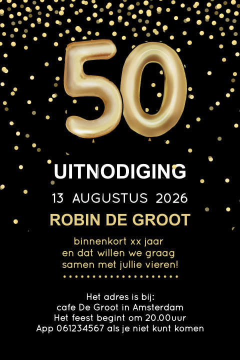 Uitnodiging voor een verjaardag met goudlook confetti ballon 50 jaar