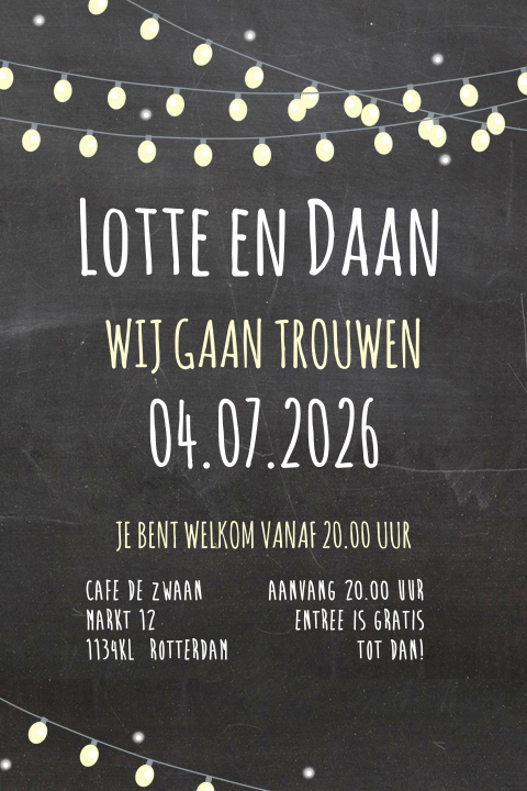 Hip trouwfeest uitnodiging met priklampjes