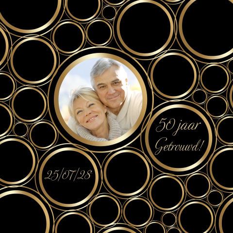 50 jarig jubileumkaart met goudkleurige ringen en ruimte voor een foto