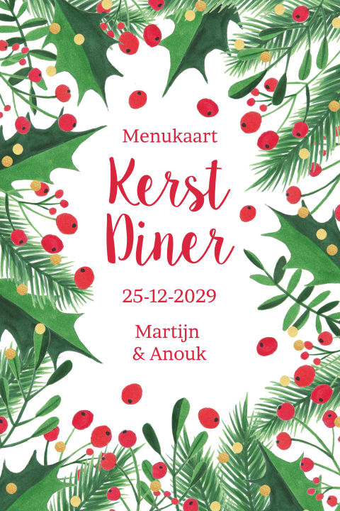 Menukaart kerstdiner kersttakken hulst confetti