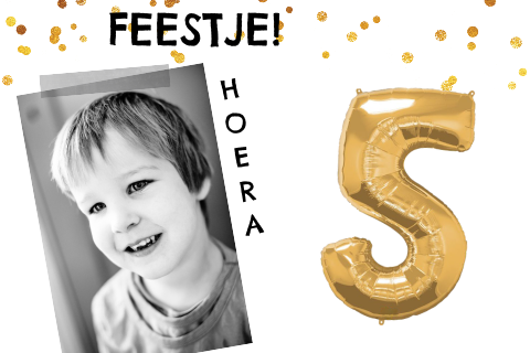 Hippe kinderfeestje uitnodiging met 5 in goud