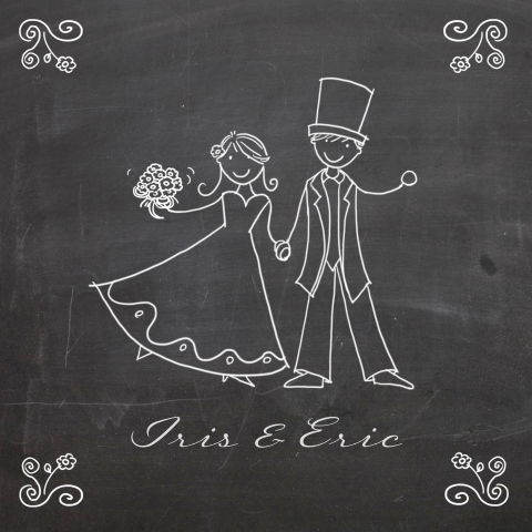 Zwart wit trouwkaart met vrolijk getekend bruidspaar