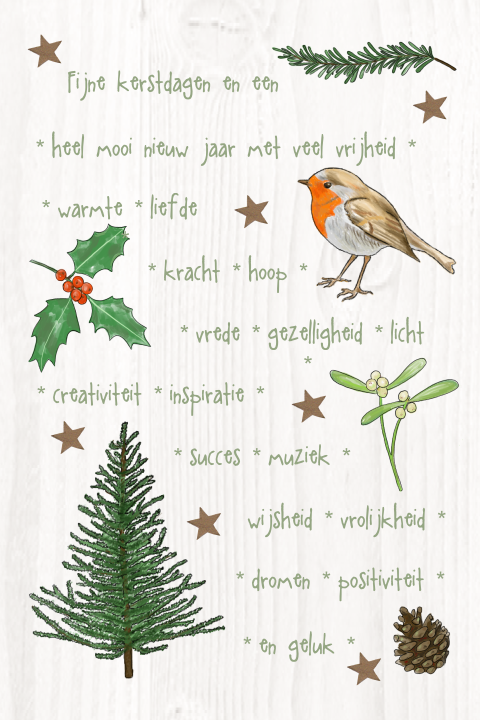 Kerstkaart met kleine illustraties en kerstwens op hout