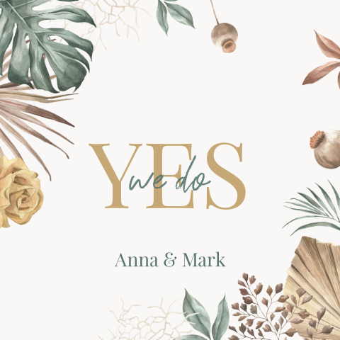 Trouwkaart met getekende bladeren aarde tinten