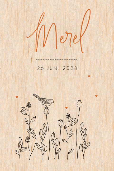 Houten geboortekaartje voor een meisje op echt hout