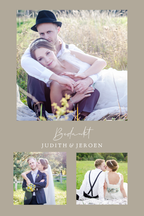 Moderne staande bedankkaart in warme aardekleur nude