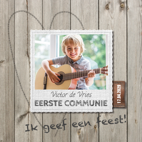 Eerste communie uitnodiging met foto en hout design