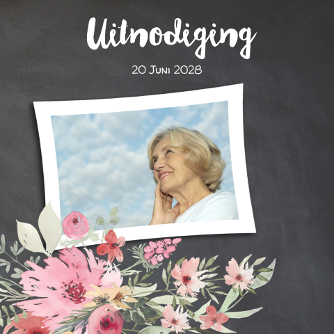 Feestje uitnodiging met foto en bloemen