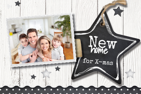 Foto Verhuiskaart kerstkaart hout en label