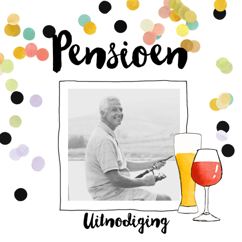 Uitnodiging pensioen feest met foto en confetti