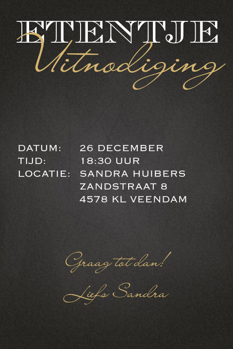 Uitnodigingskaart etentje of diner met goud en zwart