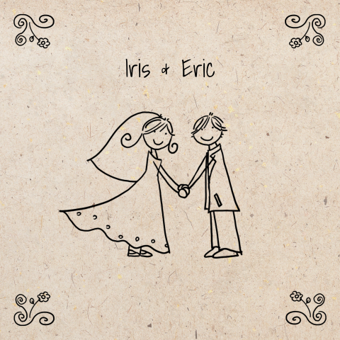 Trouwkaart karton met illustratie van vrolijk bruidspaar