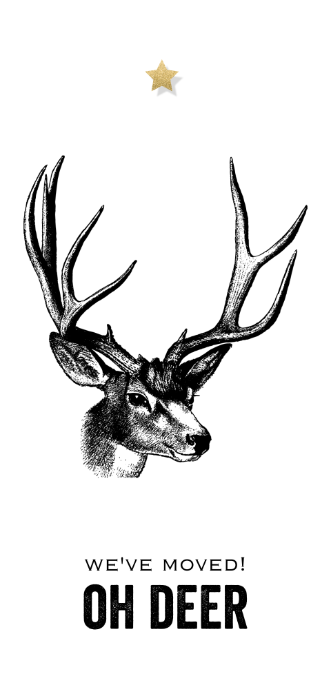 Langwerpige stoere kerst verhuiskaart met rendier gravure en ster