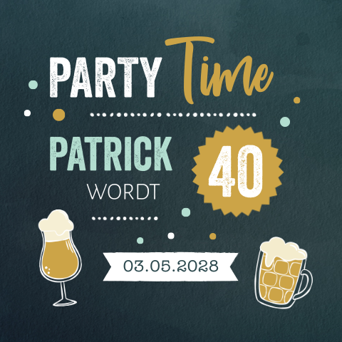 Uitnodiging 40e verjaardag man met bier en confetti foto binnenkant