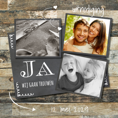 Uitnodiging trouwen feest hout en krijtbord met foto collage
