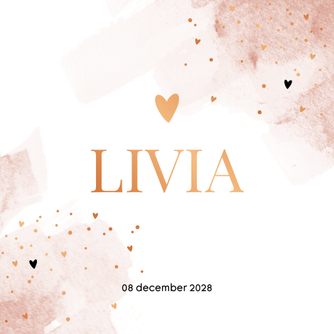 Geboortekaartje meisje Livia met watercolor roze en foliedruk