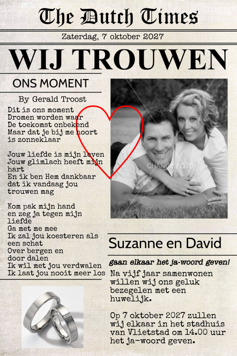 Trouwkaart krant met eigen foto op krantenpapier