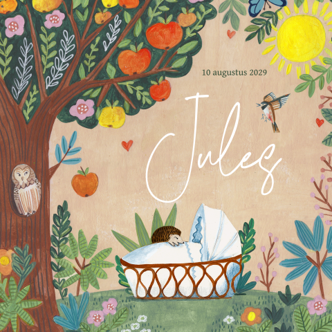 Geboortekaartje jongen met wiegje onder appelboom