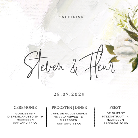 Trouwkaart met witte olieverf bloemen
