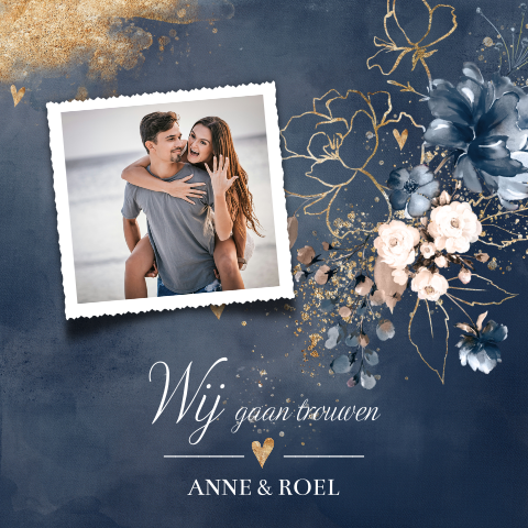 Trouwkaart mooie bloemen blauw met foto 